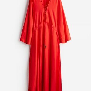 Red Kaftan Lace-Up Long Sleeve Dress